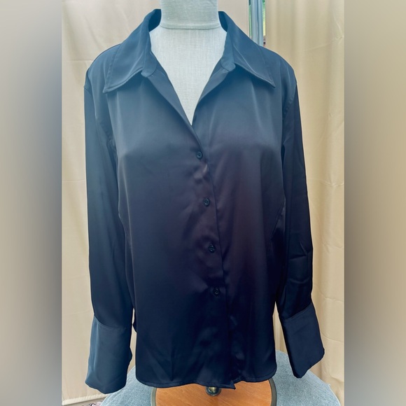 Donna Karan Black Fitted Asymmetrical Blouse Large Front Button - Picture 11 of 11